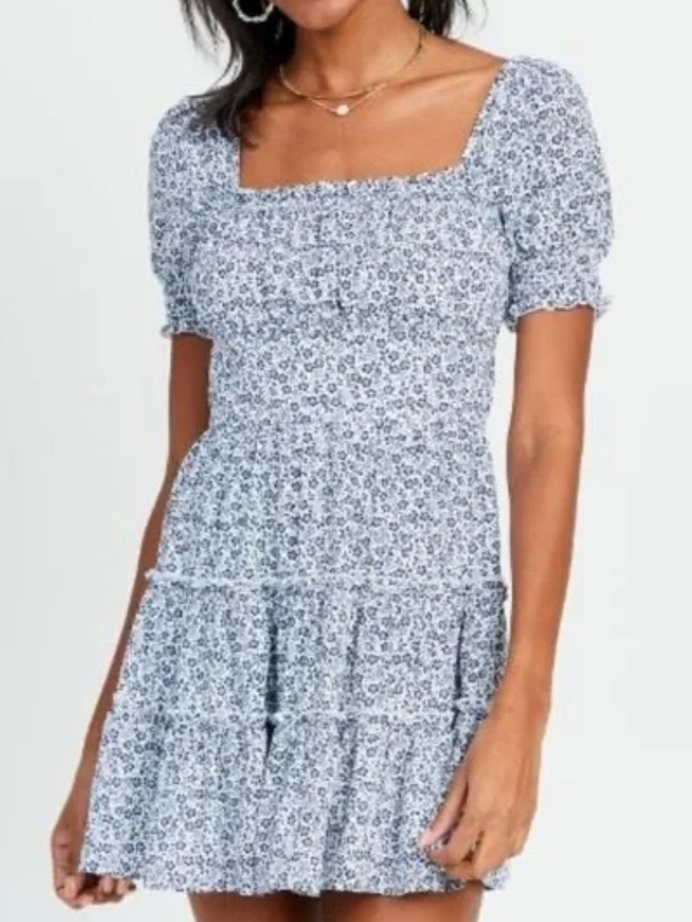 Altar'd State Dress Medium Blue Floral White Boho Mini Summer Sun Dress VGC